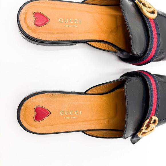 Gucci GG Web Stripe Peyton Mules Flat Slides Black Leather Loafers - Picture 6 of 11
